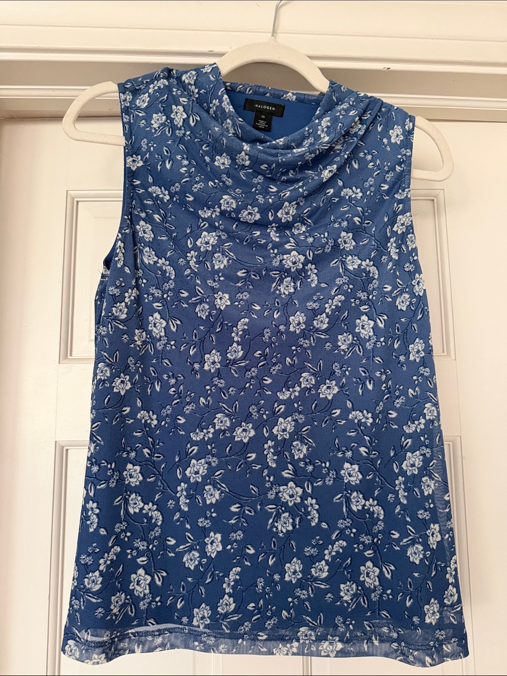 Blue and White Floral Cowl Neck Sleeveless Top